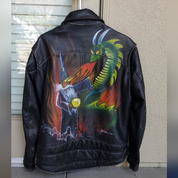 Vintage Leather Jacket Wizard vs Dragon Hand Painted Thurlow Leatherworld - Picture 1 of 9